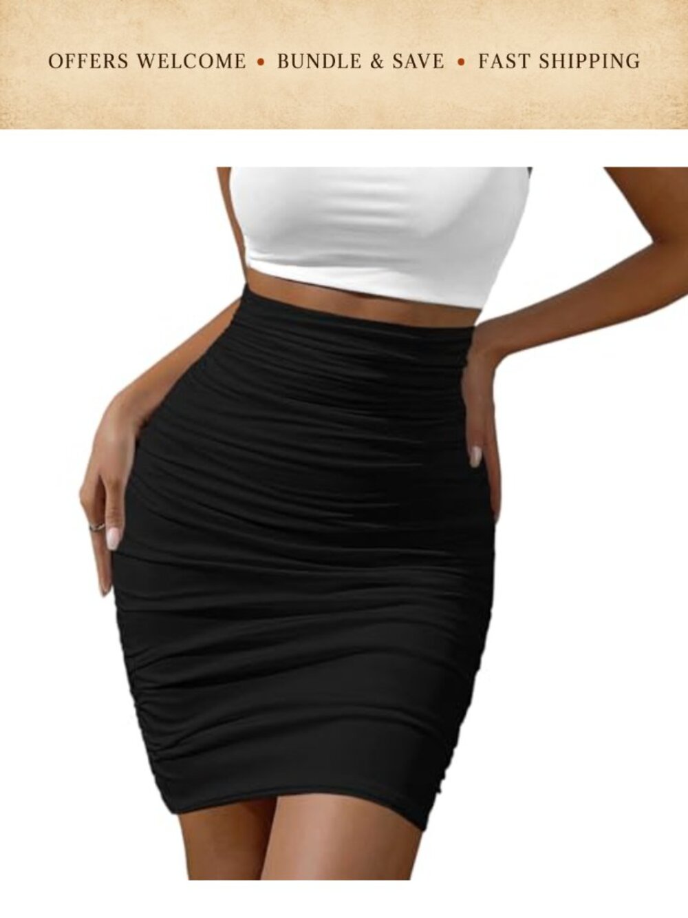 High Waist Ruched Bodycon Stretch Midi Pencil Skirt Double Layered